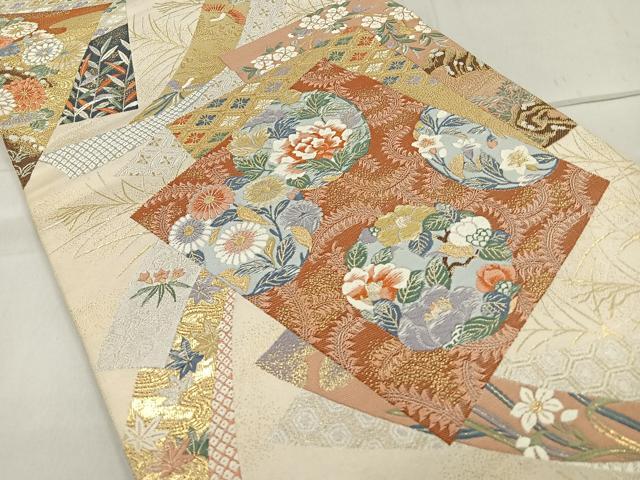 平和屋着物◎六通柄袋帯 唐織 色紙花鳥文 金銀糸 正絹 逸品 CAAR1645nb