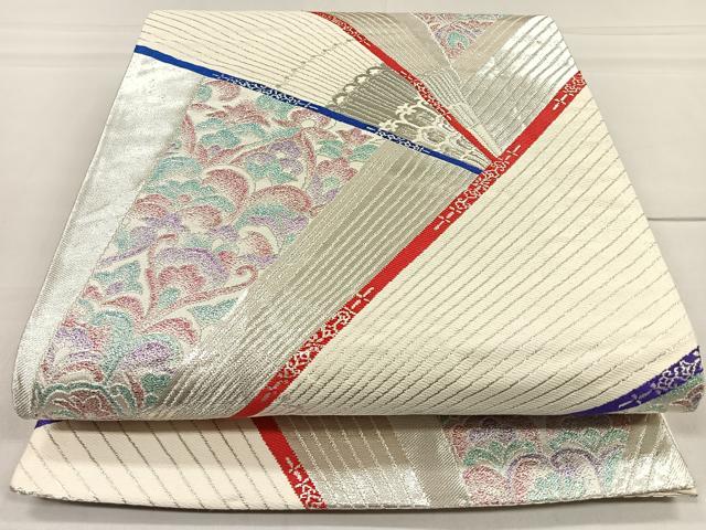 平和屋着物◎六通柄袋帯 孔雀羽更紗花文 銀糸 正絹 逸品 CAAR1667nb