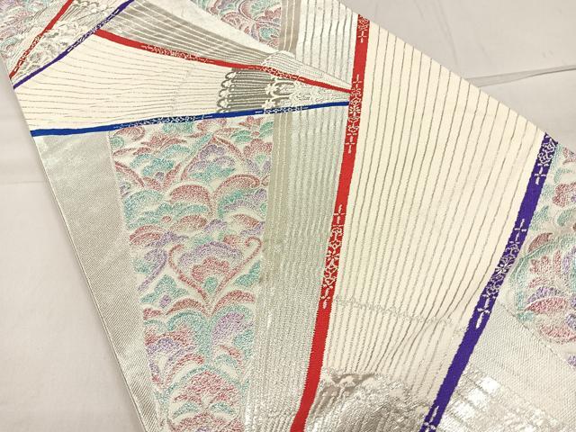 平和屋着物◎六通柄袋帯 孔雀羽更紗花文 銀糸 正絹 逸品 CAAR1667nb