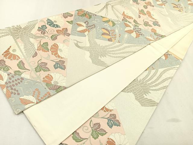 平和屋着物◎六通柄袋帯 唐織 裂取り花鳥文 銀糸 正絹 逸品 CAAR1685nb