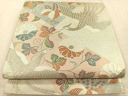 平和屋着物◎六通柄袋帯 唐織 裂取り花鳥文 銀糸 正絹 逸品 CAAR1685nb