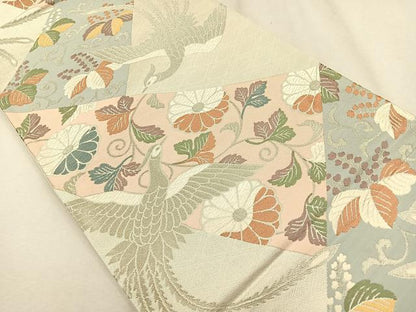平和屋着物◎六通柄袋帯 唐織 裂取り花鳥文 銀糸 正絹 逸品 CAAR1685nb