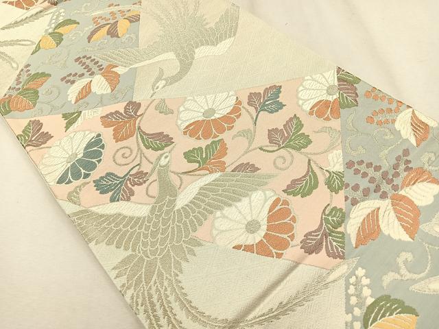 平和屋着物◎六通柄袋帯 唐織 裂取り花鳥文 銀糸 正絹 逸品 CAAR1685nb