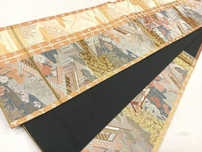 平和屋着物◎六通柄袋帯 屏風風景花文 金糸 正絹 逸品 CAAR1688nb