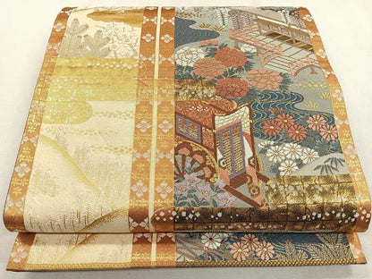 平和屋着物◎六通柄袋帯 屏風風景花文 金糸 正絹 逸品 CAAR1688nb