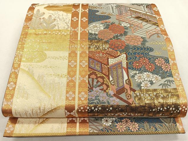 平和屋着物◎六通柄袋帯 屏風風景花文 金糸 正絹 逸品 CAAR1688nb