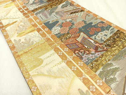 平和屋着物◎六通柄袋帯 屏風風景花文 金糸 正絹 逸品 CAAR1688nb