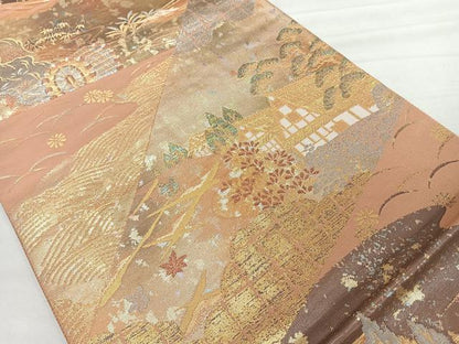 平和屋着物◎六通柄袋帯　裂取り風景文　金銀糸　引箔　正絹　逸品　CAAR1705nb