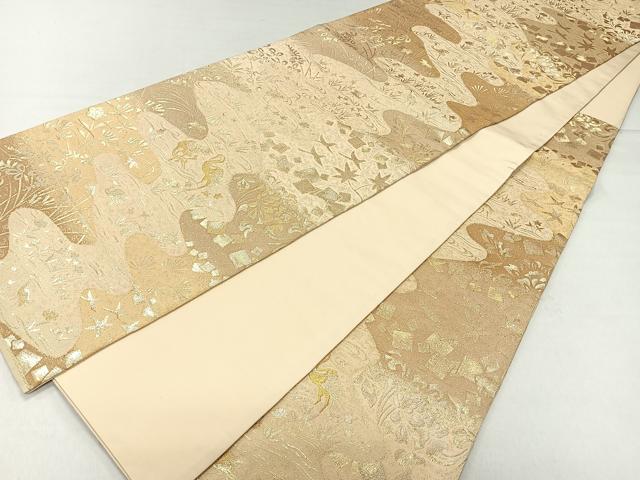 平和屋着物◎六通柄袋帯 流水飛鶴草花文 金銀糸 正絹 逸品 CAAR1745nb