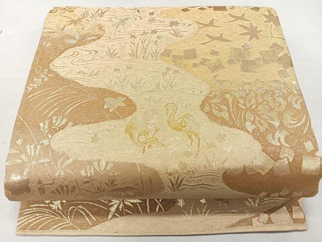 平和屋着物◎六通柄袋帯 流水飛鶴草花文 金銀糸 正絹 逸品 CAAR1745nb