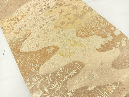 平和屋着物◎六通柄袋帯 流水飛鶴草花文 金銀糸 正絹 逸品 CAAR1745nb