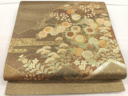 平和屋着物◎太鼓柄袋帯 草花文 金彩 正絹 逸品 CAAR1774nb
