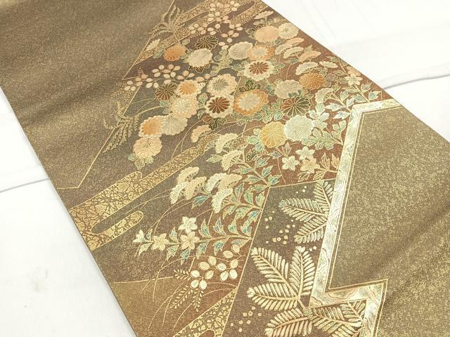 平和屋着物◎太鼓柄袋帯 草花文 金彩 正絹 逸品 CAAR1774nb