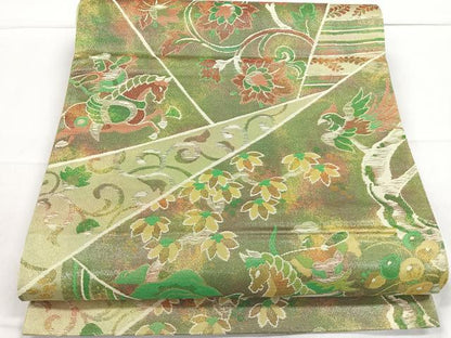 平和屋着物◎六通柄袋帯　切嵌狩猟更紗花唐草文　引箔　正絹　逸品　CAAR1782nb