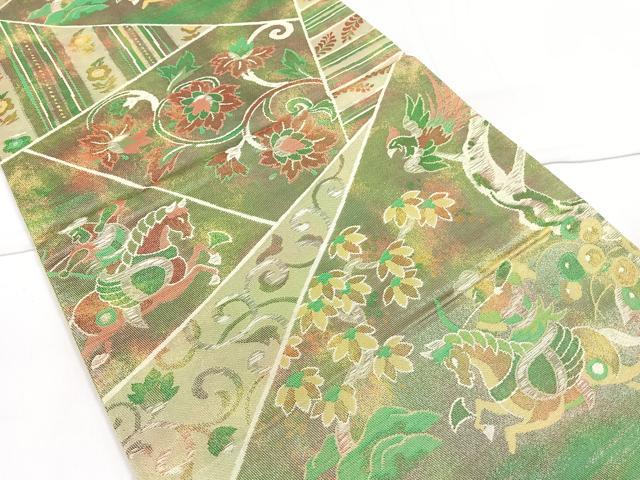 平和屋着物◎六通柄袋帯　切嵌狩猟更紗花唐草文　引箔　正絹　逸品　CAAR1782nb
