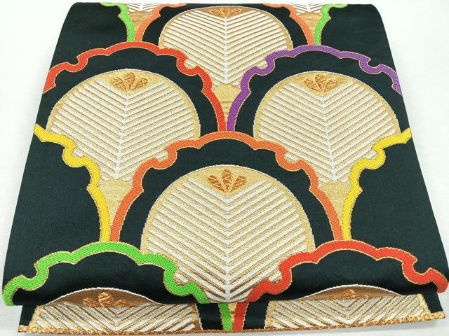 平和屋着物◎六通柄袋帯 雪輪松葉文 黒地 金糸 正絹 逸品 CAAR1793nb