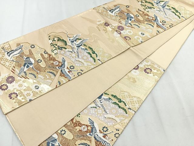 平和屋着物◎六通柄袋帯 唐織 地紙飛鶴花文 金糸 正絹 逸品 CAAR1844nb