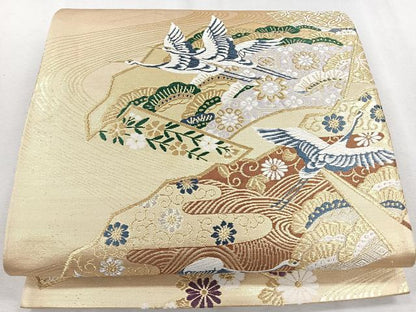 平和屋着物◎六通柄袋帯 唐織 地紙飛鶴花文 金糸 正絹 逸品 CAAR1844nb