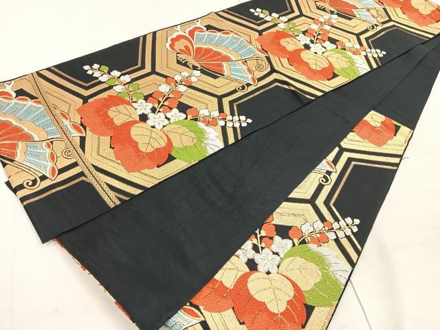 平和屋着物◎六通柄袋帯 唐織 桐亀甲文 黒地 金糸 正絹 逸品 CAAR1869nb