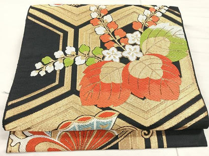 平和屋着物◎六通柄袋帯 唐織 桐亀甲文 黒地 金糸 正絹 逸品 CAAR1869nb