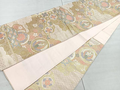 平和屋着物◎六通柄袋帯 唐織 雲取り花鳥文 金糸 正絹 逸品 CAAR1895nb