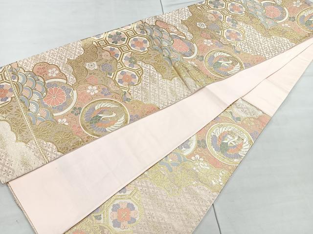 平和屋着物◎六通柄袋帯 唐織 雲取り花鳥文 金糸 正絹 逸品 CAAR1895nb