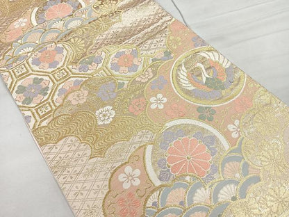 平和屋着物◎六通柄袋帯 唐織 雲取り花鳥文 金糸 正絹 逸品 CAAR1895nb