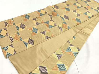 平和屋着物◎六通柄京袋帯 市松菱文 金糸 正絹 逸品 CAAR1902nb