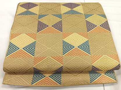平和屋着物◎六通柄京袋帯 市松菱文 金糸 正絹 逸品 CAAR1902nb