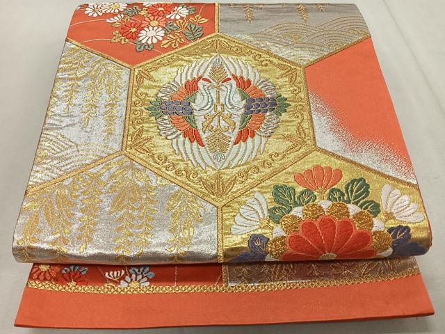 平和屋着物◎六通柄袋帯 唐織 亀甲舞鶴花文 金銀糸 正絹 逸品 CAAR1971nb
