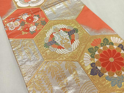 平和屋着物◎六通柄袋帯 唐織 亀甲舞鶴花文 金銀糸 正絹 逸品 CAAR1971nb