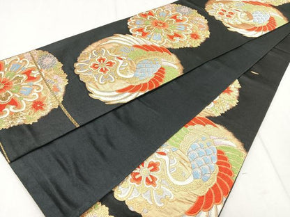 平和屋着物◎六通柄袋帯 唐織 飛鶴花文 黒地 金銀糸 正絹 逸品 CAAR1995nb