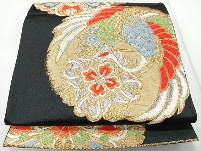 平和屋着物◎六通柄袋帯 唐織 飛鶴花文 黒地 金銀糸 正絹 逸品 CAAR1995nb