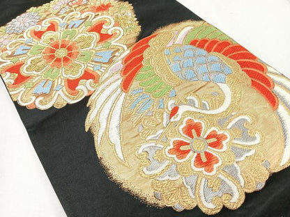 平和屋着物◎六通柄袋帯 唐織 飛鶴花文 黒地 金銀糸 正絹 逸品 CAAR1995nb