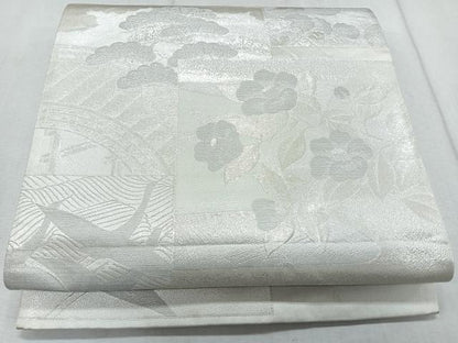 平和屋着物◎六通柄袋帯　色紙飛鶴花文　銀糸　正絹　逸品　CAAR1997nb