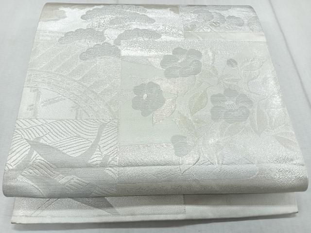 平和屋着物◎六通柄袋帯　色紙飛鶴花文　銀糸　正絹　逸品　CAAR1997nb