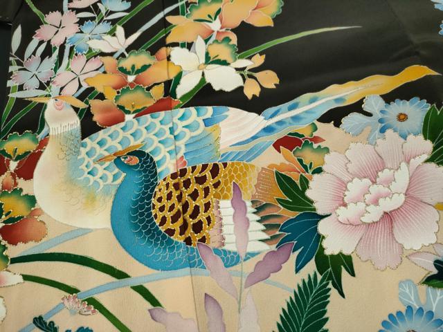 黒留袖　着物　風景画　落款　作家物　花柄　金　鳥 通販ファッション - 黒留袖 着物 風景画 落款 作家物 花柄 金 鳥