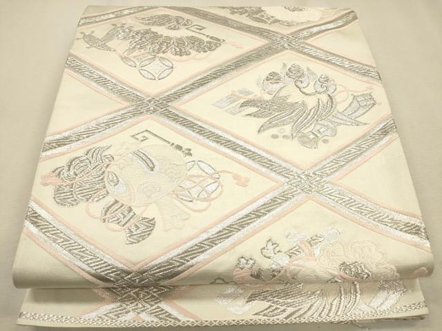 平和屋着物◎六通柄袋帯 菱吉祥文 銀糸 正絹 逸品 CAAR3652ft