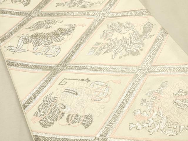 平和屋着物◎六通柄袋帯 菱吉祥文 銀糸 正絹 逸品 CAAR3652ft