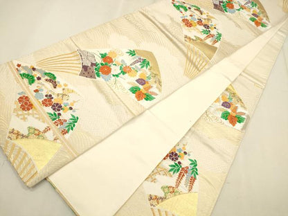 平和屋着物◎六通柄袋帯 唐織 扇面流水草花文 金糸 正絹 逸品 CAAR3653ft