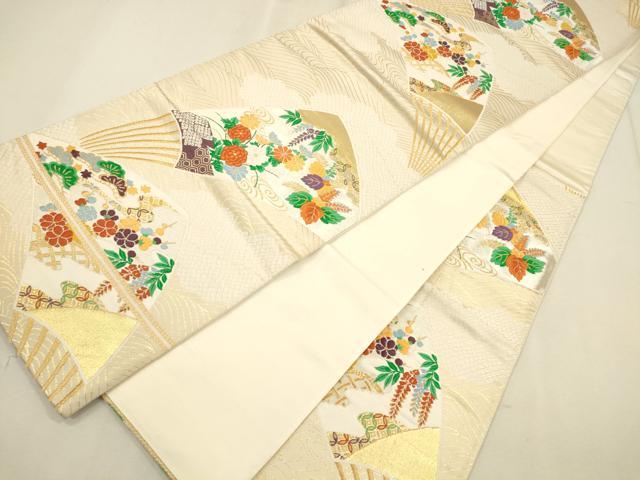 平和屋着物◎六通柄袋帯 唐織 扇面流水草花文 金糸 正絹 逸品 CAAR3653ft