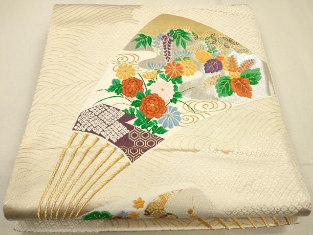 平和屋着物◎六通柄袋帯 唐織 扇面流水草花文 金糸 正絹 逸品 CAAR3653ft