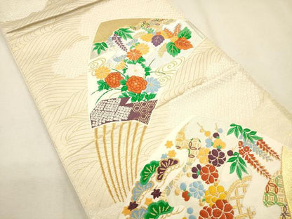 平和屋着物◎六通柄袋帯 唐織 扇面流水草花文 金糸 正絹 逸品 CAAR3653ft
