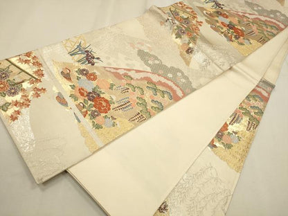 平和屋着物◎六通柄袋帯 九百錦 遠山鴛鴦草花文 プラチナ箔 正絹 逸品 CAAR3660ft