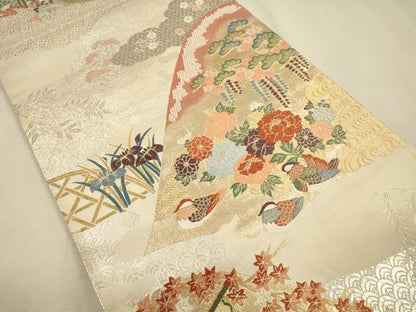 平和屋着物◎六通柄袋帯 九百錦 遠山鴛鴦草花文 プラチナ箔 正絹 逸品 CAAR3660ft