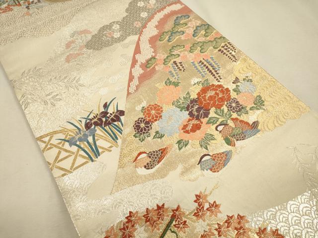 平和屋着物◎六通柄袋帯 九百錦 遠山鴛鴦草花文 プラチナ箔 正絹 逸品 CAAR3660ft