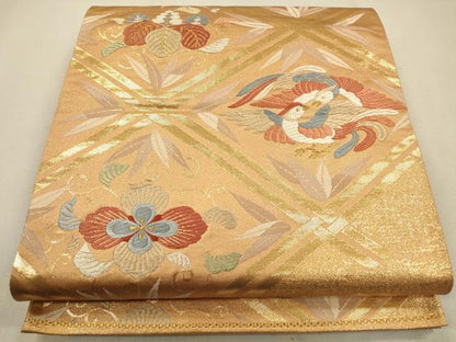 平和屋着物◎六通柄袋帯 唐織 向かい鳥菱花文 金糸 正絹 逸品 CAAR3662ft
