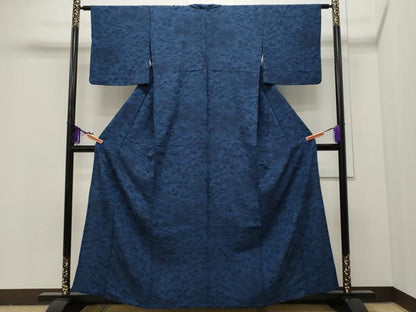 平和屋着物▽上質な小紋　単衣　藍　型染め　流水籬草花文　正絹　逸品　CAAR4956ut