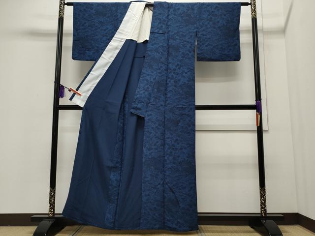 平和屋着物▽上質な小紋　単衣　藍　型染め　流水籬草花文　正絹　逸品　CAAR4956ut