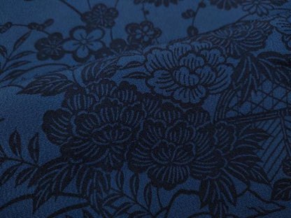 平和屋着物▽上質な小紋　単衣　藍　型染め　流水籬草花文　正絹　逸品　CAAR4956ut
